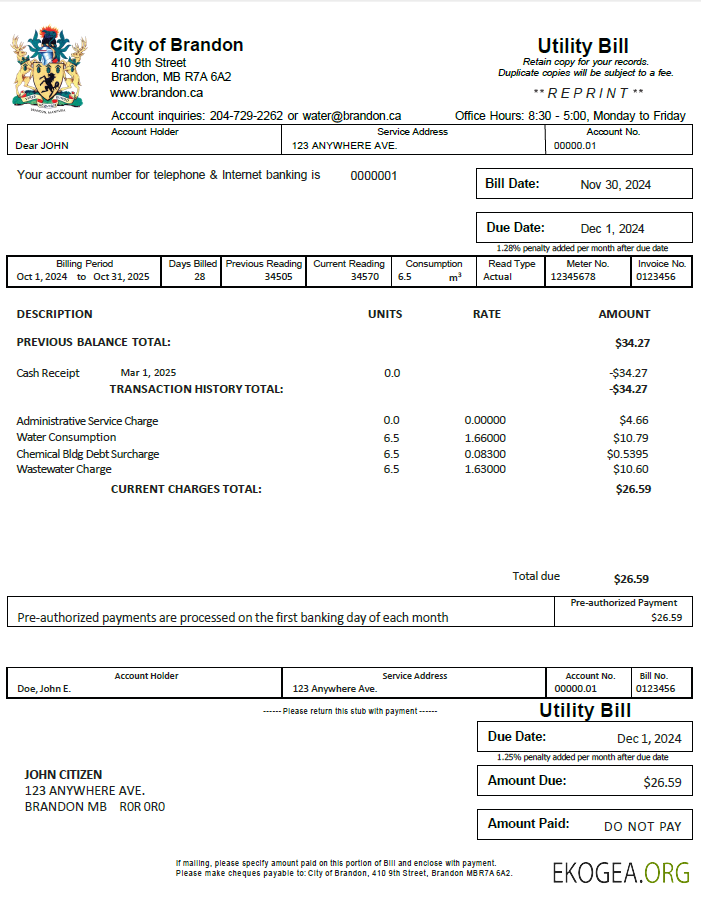 Canada City of Brandon utility bill template in Word and PDF formats